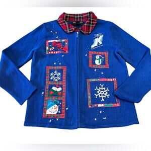 Hampshire Studio Royal Blue Skating Christmas Sweater Zip w/ Plaid Collar Small